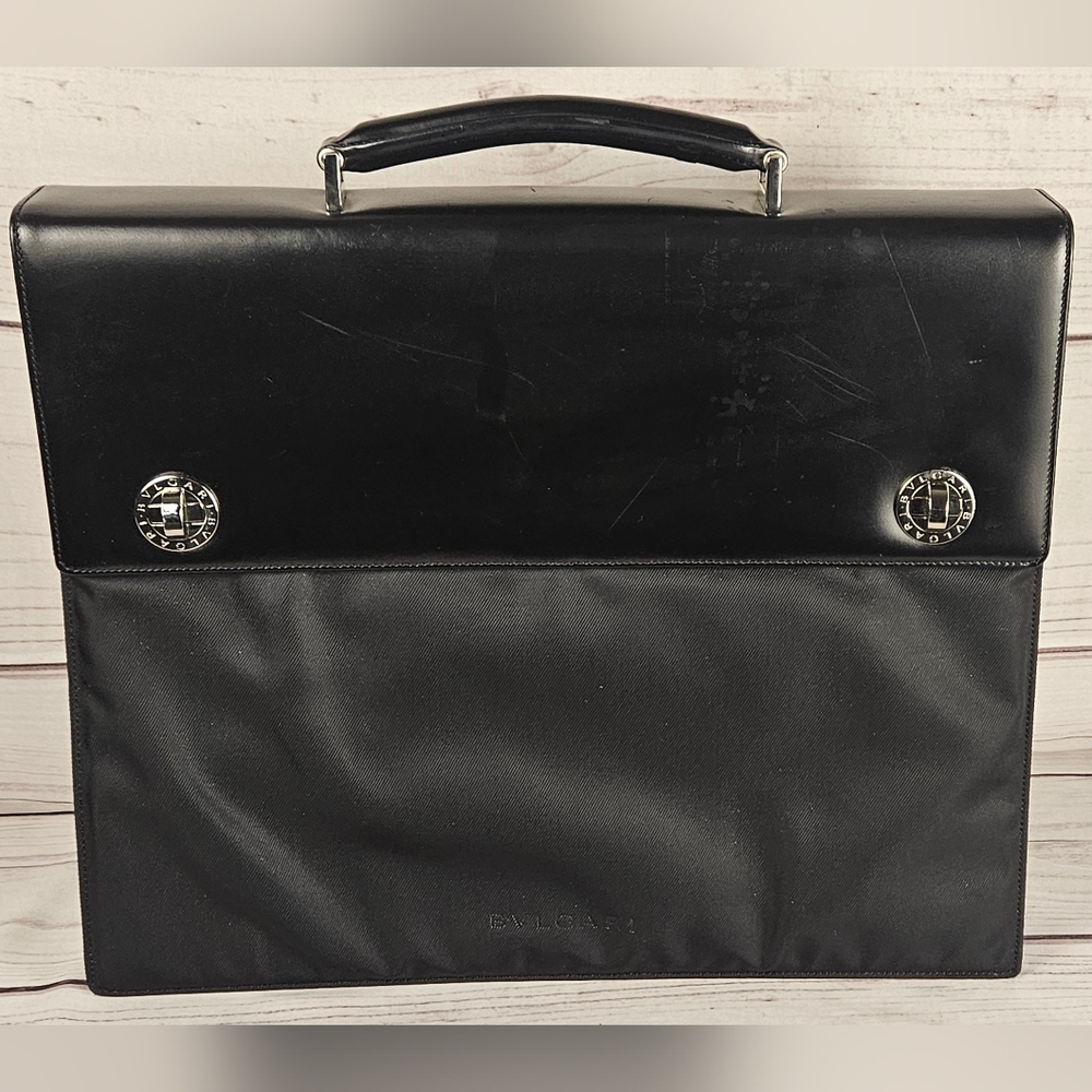 Bvlgari Black Leather And Nylon Men's Briefcase Bag